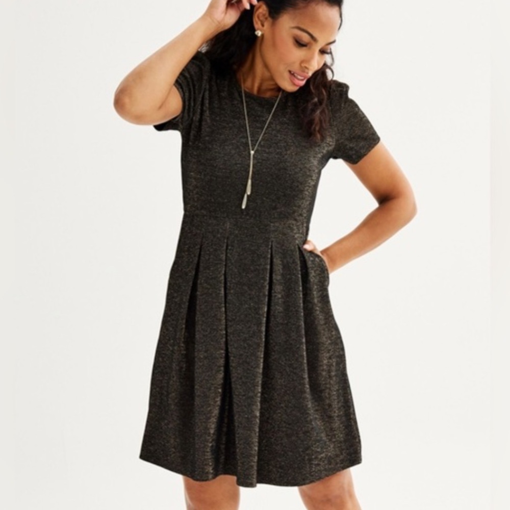 Draper James RSVP Metallic Gold Knit Puff Sleeve A-Line Dress